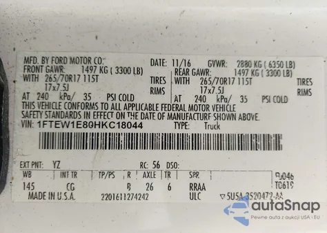 2017 Ford F-150 Xl z USA, uszkodzony, nr VIN 1FTEW1E80HKC18044